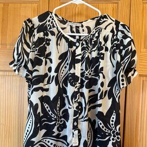 White & Black Floral Blouse Top Short Sleeve